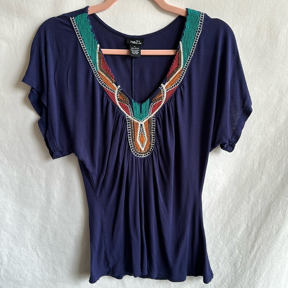 Rue21 navy boho V-neck top with embroidery and beading, size L
